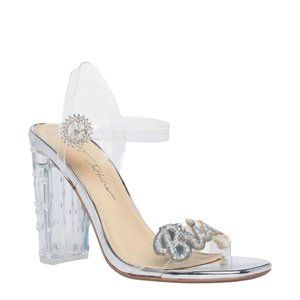 Betsey Johnson SB-Barie Silver Bride Rhinestone Clear Block Heel Sandals 8.5M